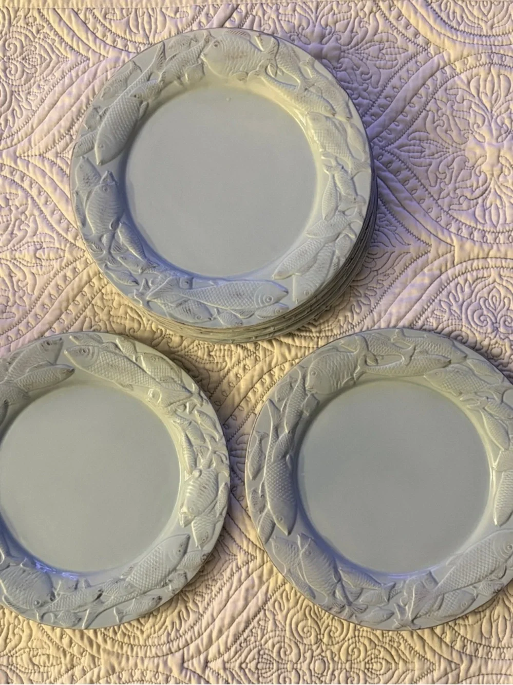 Set of Six Seaglass Blue Fish Motif Plates approximately 10” Diameter